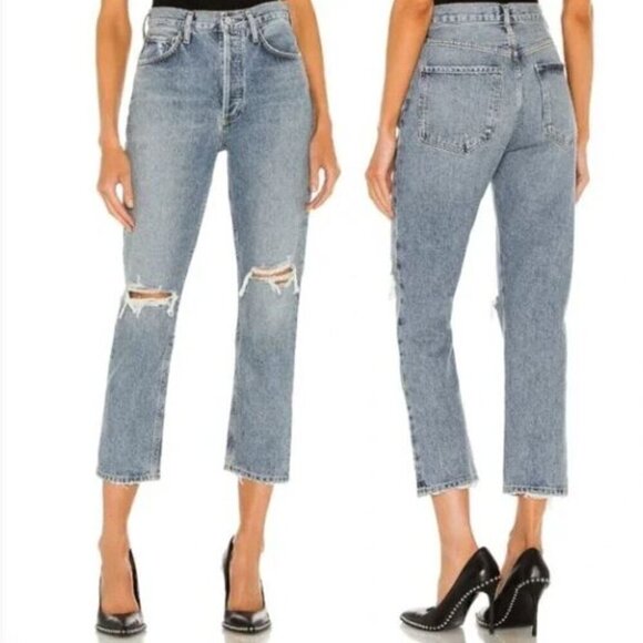 Agolde High Rise Riley Straight Leg Cropped Medium Wash Distressed Jeans Size 26 - Picture 1 of 9